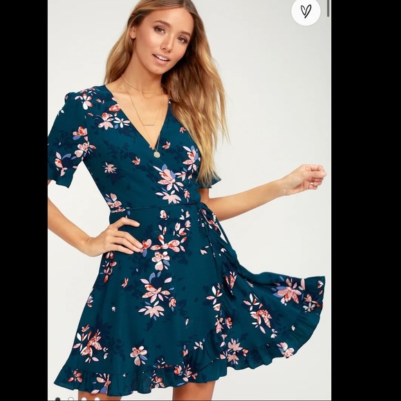 Lulus Dresses & Skirts - Lulus Dalton Teal Blue Floral Print Ruffled Wrap Dress